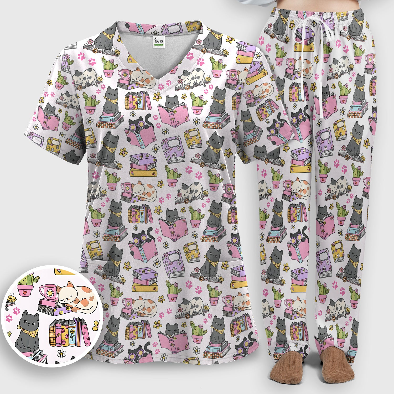 Cute Cat Book Cactus Seamless Pattern Scrub Set, Scrub Pants and V Neck Top