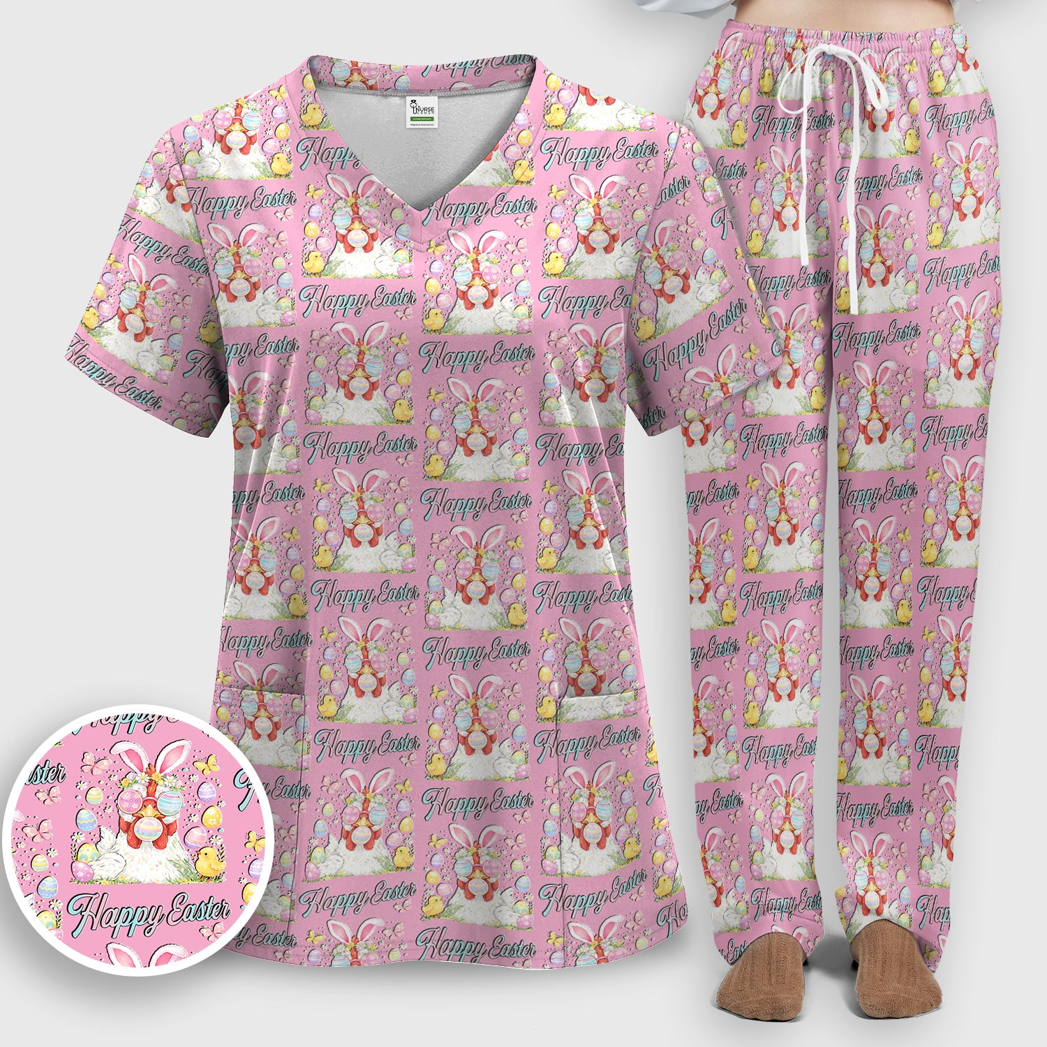 Happy Easter Bunny Eggs Pattern Scrub Set, Scrub Pants and V Neck Top
