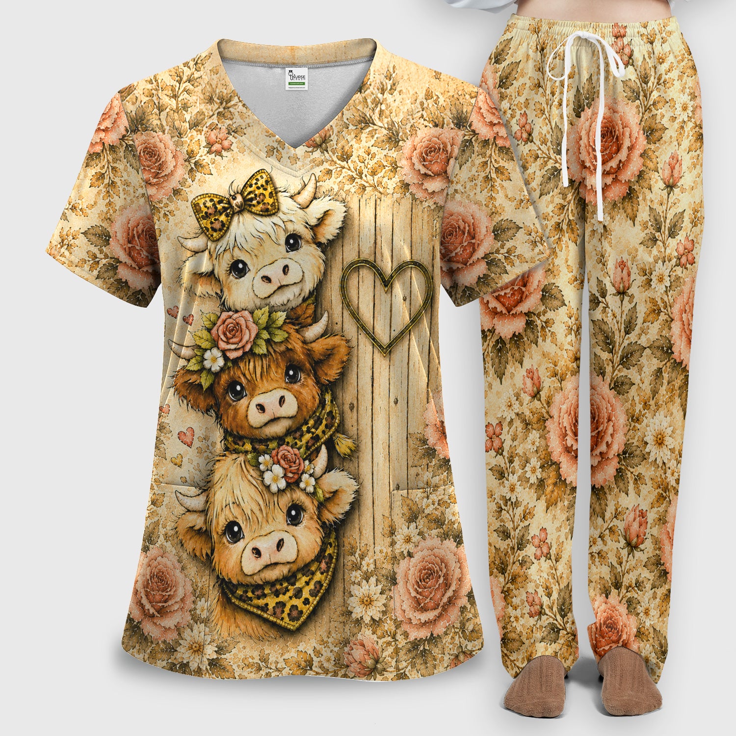 Highland Cow with Floral Farmhouse Scrub Set, Scrub Pants and V Neck Top