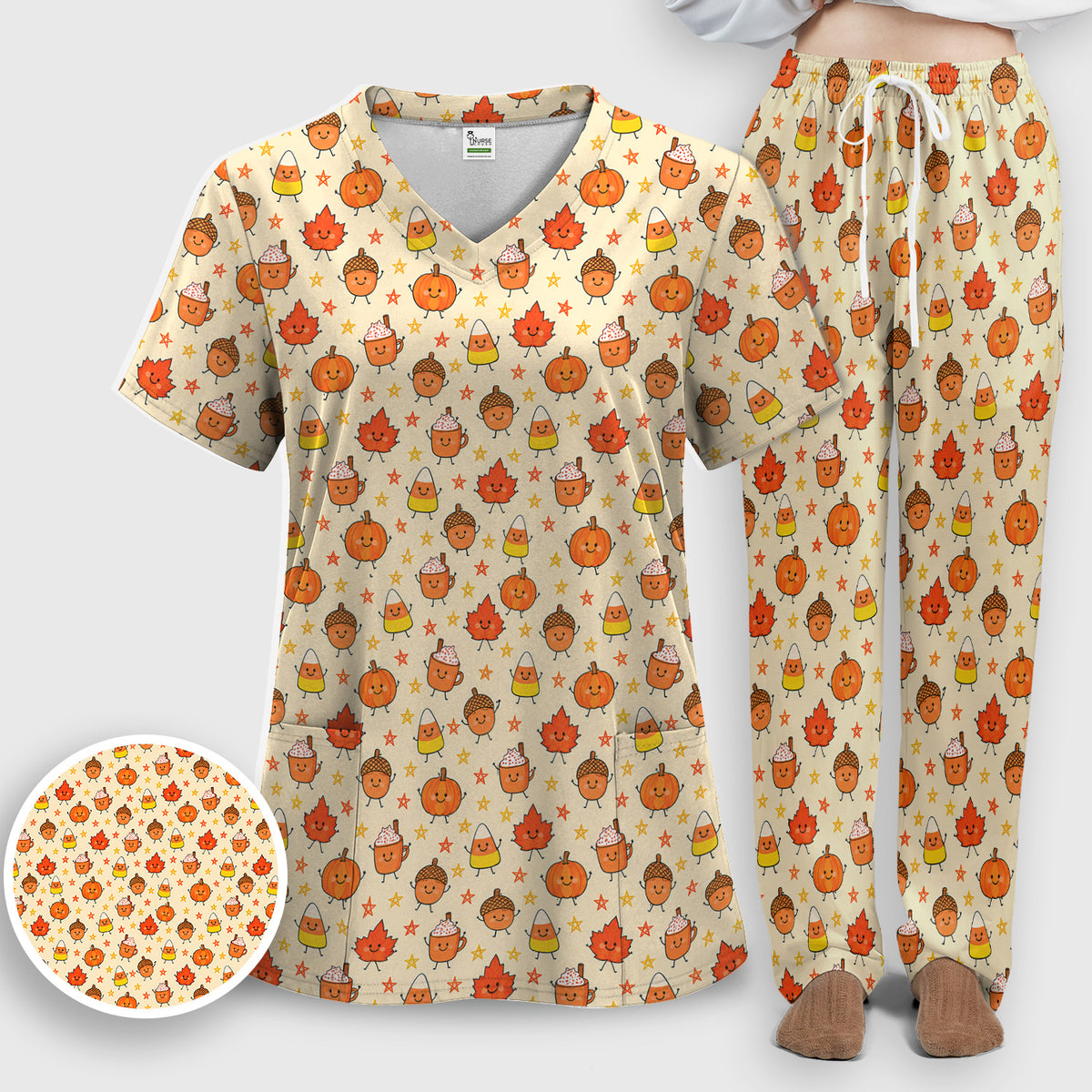 Cute Fall Pumpkin Spice Doodles Scrub Set, Scrub Pants and V Neck Top