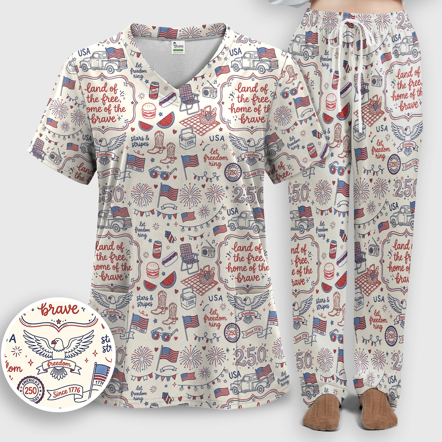Vintage USA Freedom Print Scrub Set, Scrub Pants and V Neck Top