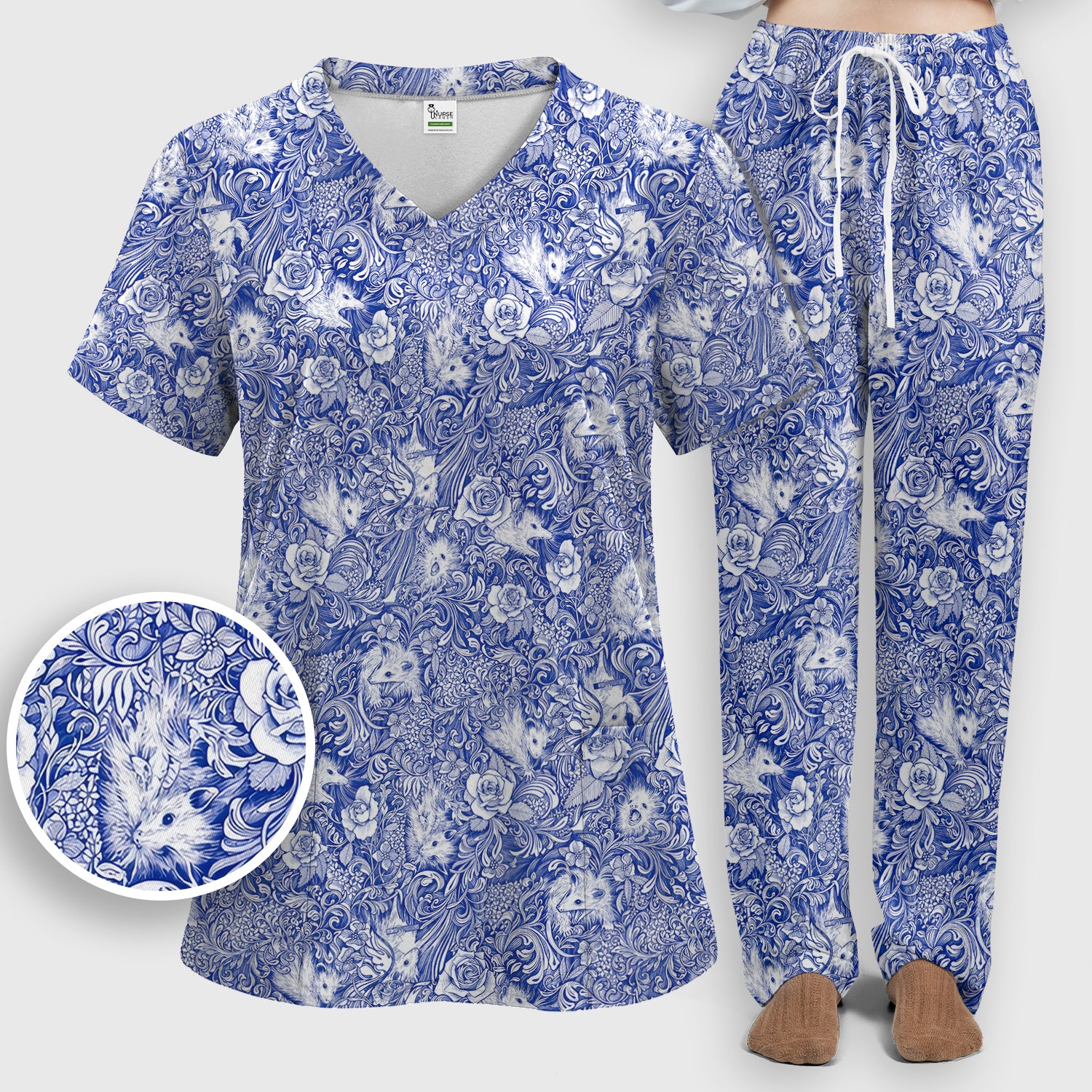 Blue Toile Opossum Floral Pattern Scrub Set, Scrub Pants and V Neck Top