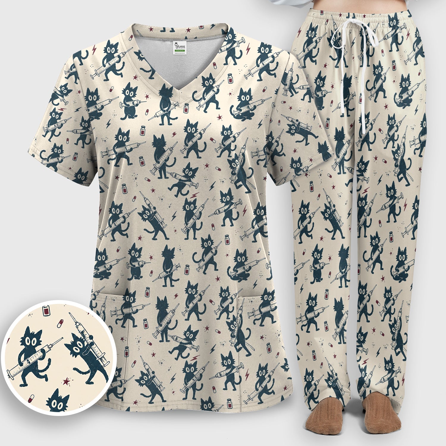 Funny Black Cats With Syringes Scrub Set, Scrub Pants and V Neck Top
