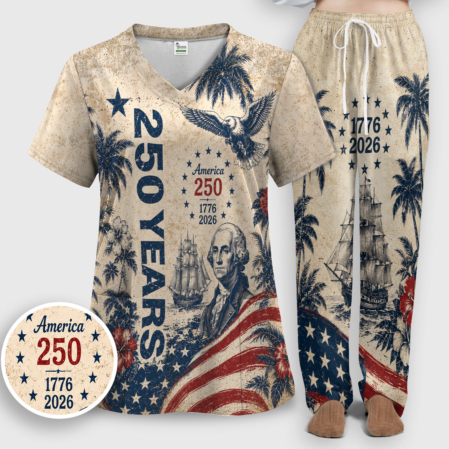 America 250 Freedom Print Scrub Set, Scrub Pants and V Neck Top