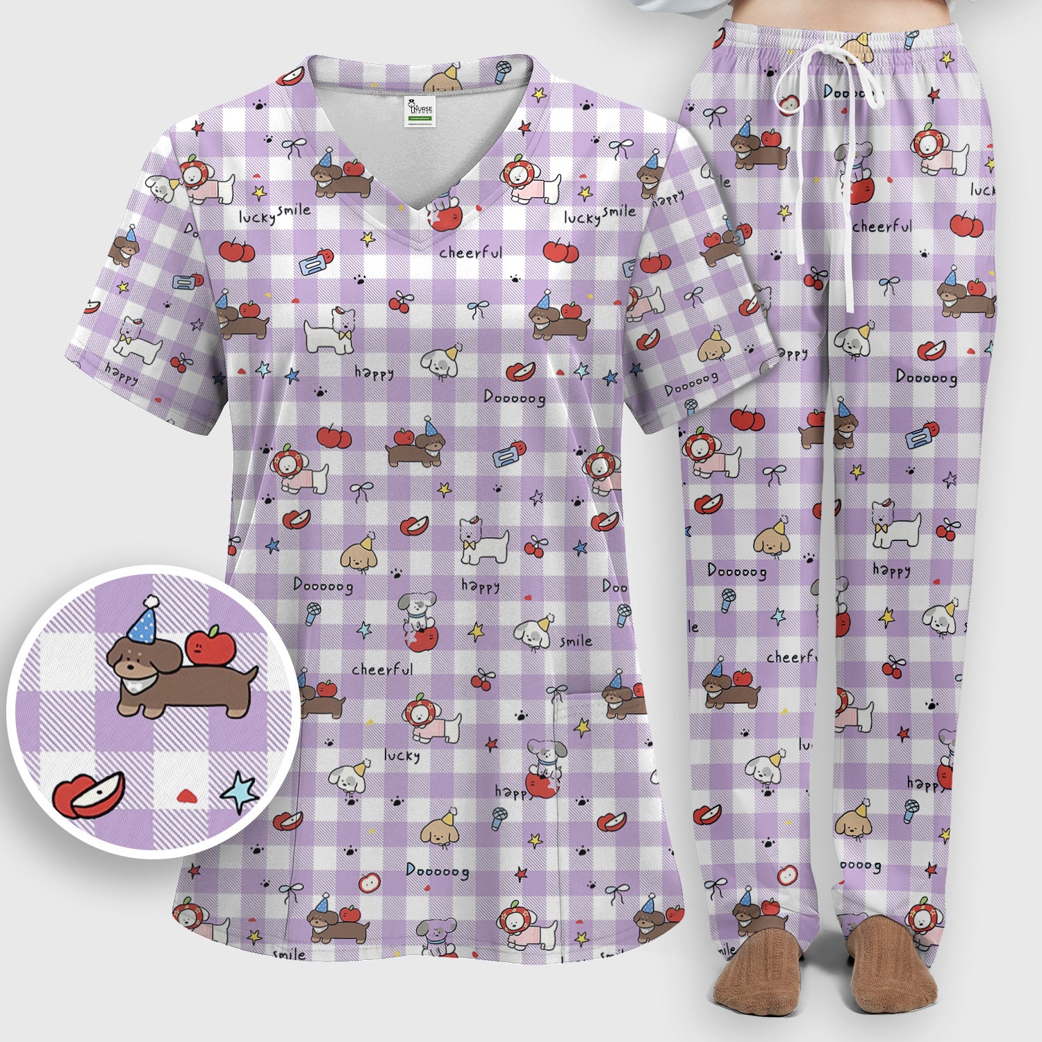 Cute Nurse Cartoon Puppy Apple Gingham Scrub Top, Breathable Fabrics Nursing Uniform