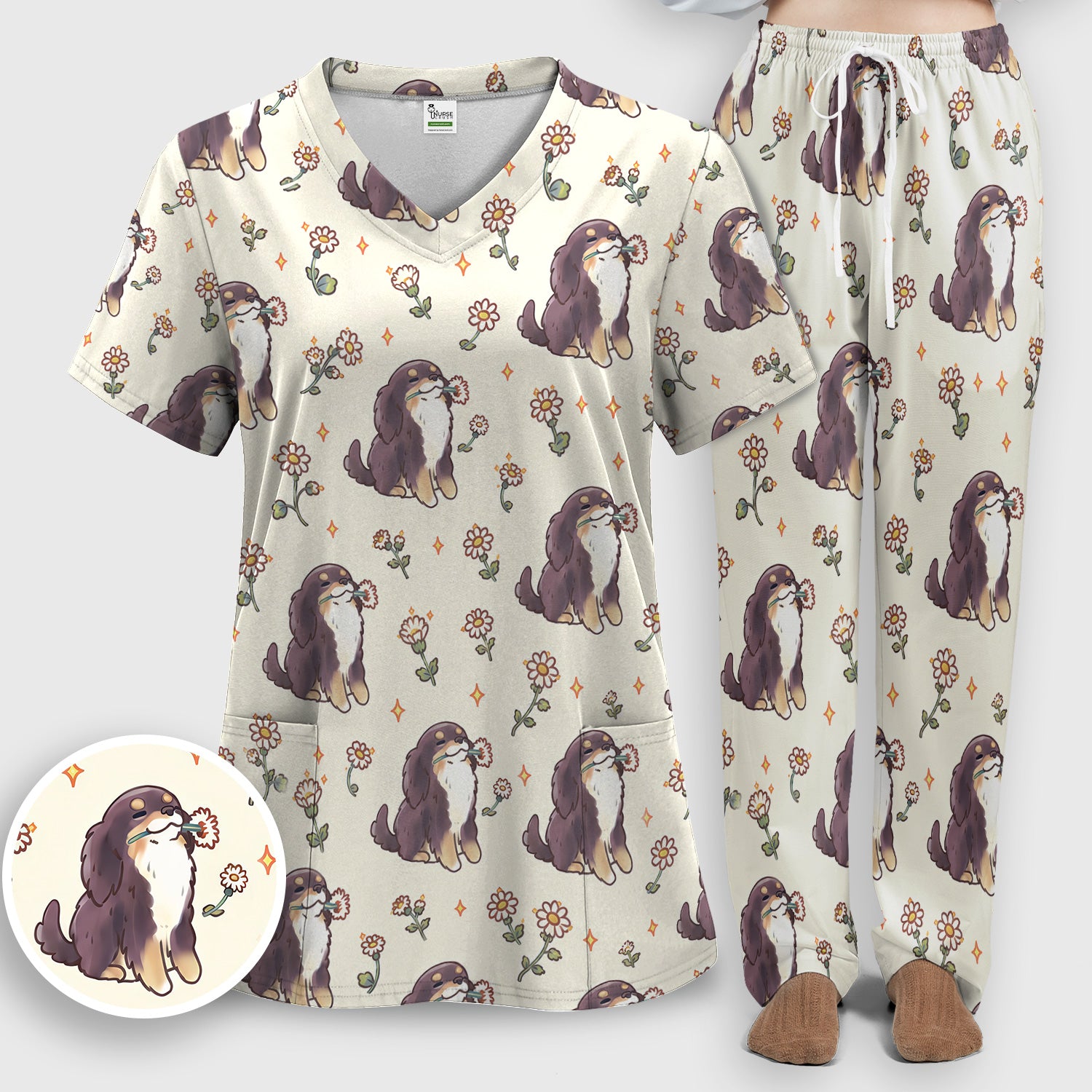 Cute Floral Otter Holding Daisy Pattern Scrub Set, Scrub Pants and V Neck Top