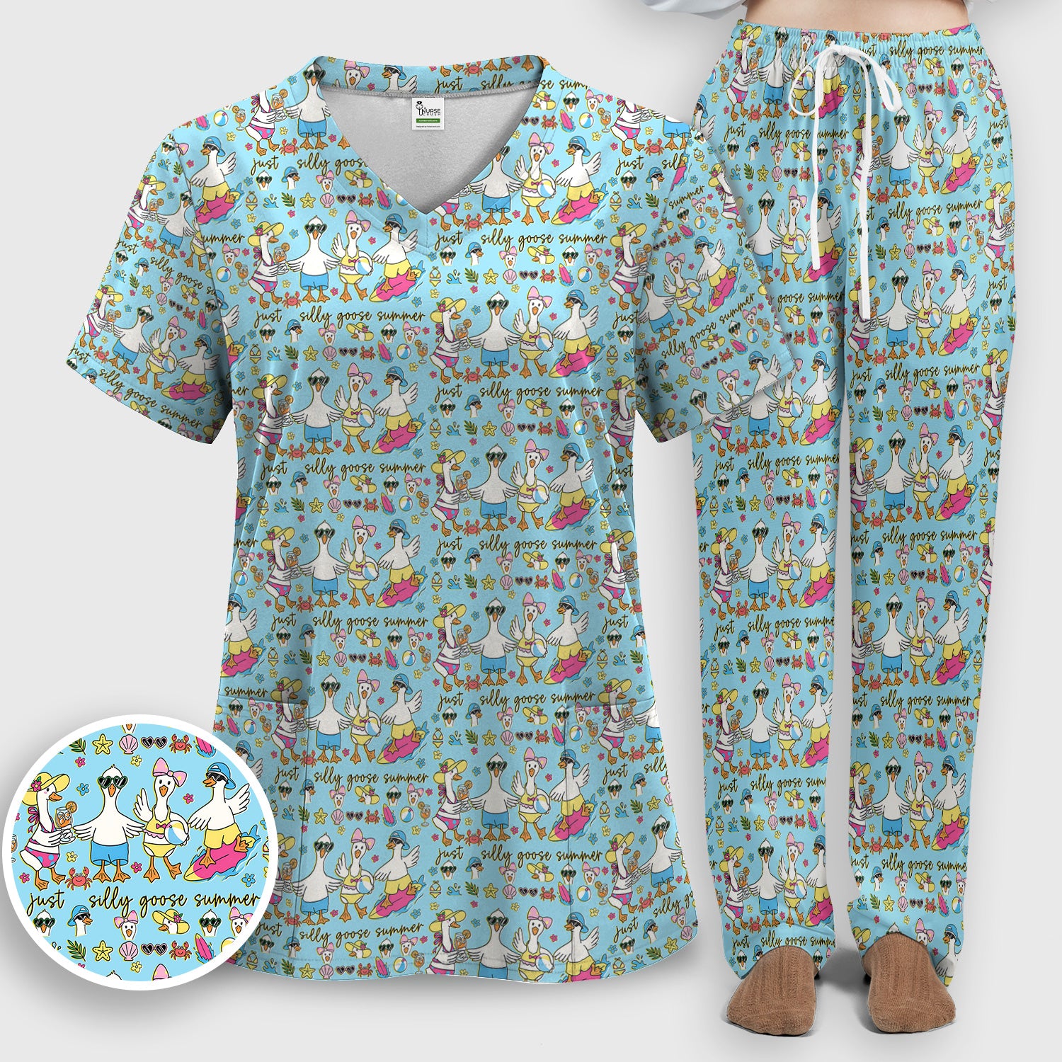 Silly Goose Summer Pattern Scrub Top, Breathable Fabrics Nursing Uniform