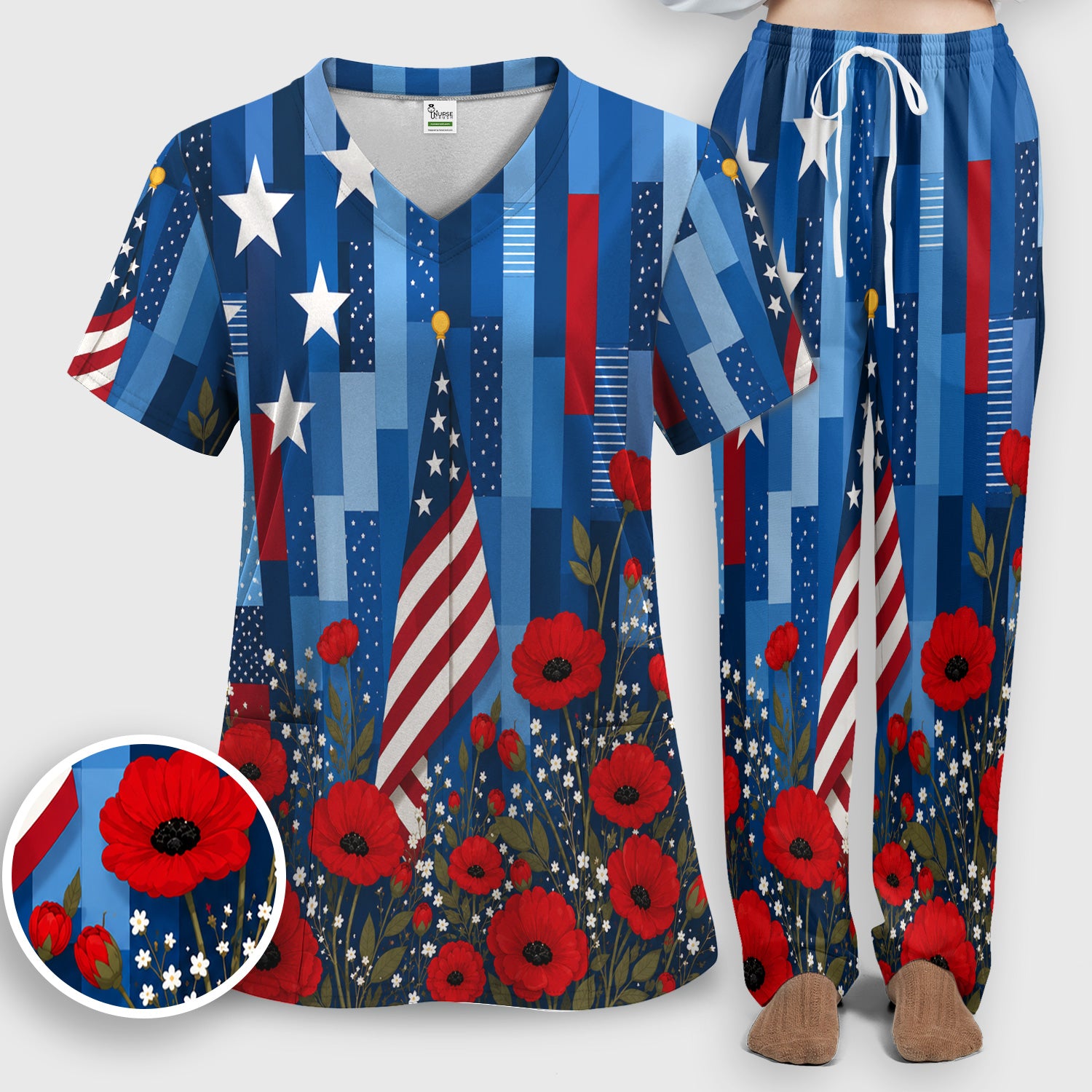 Patriotic Nurse Flag Poppy Pattern Scrub Set, Scrub Pants and V Neck Top