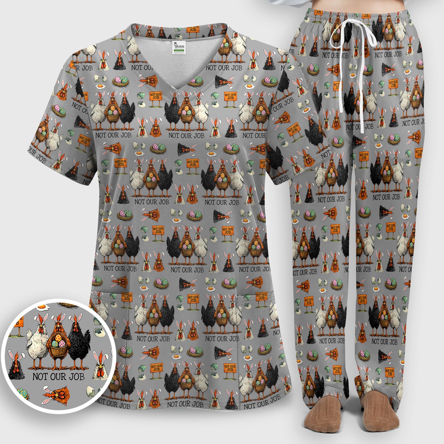Funny Easter Chicken Humor Pattern Scrub Set, Scrub Pants and V Neck Top