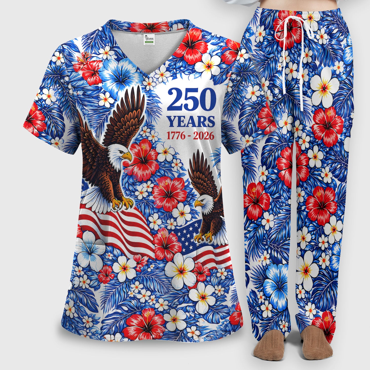Patriotic Eagle Floral Pattern, America 250 Medical Scrub Set, Scrub Pants and V Neck Top