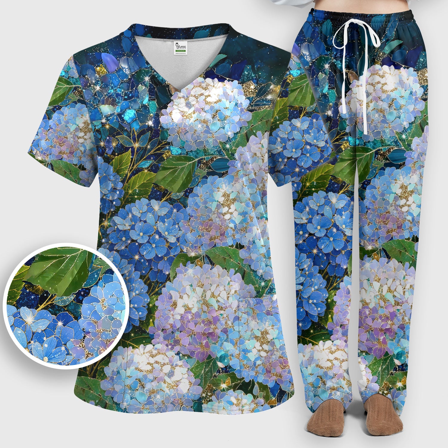 Blue Hydrangea Floral Pattern Scrub Set, Scrub Pants and V Neck Top