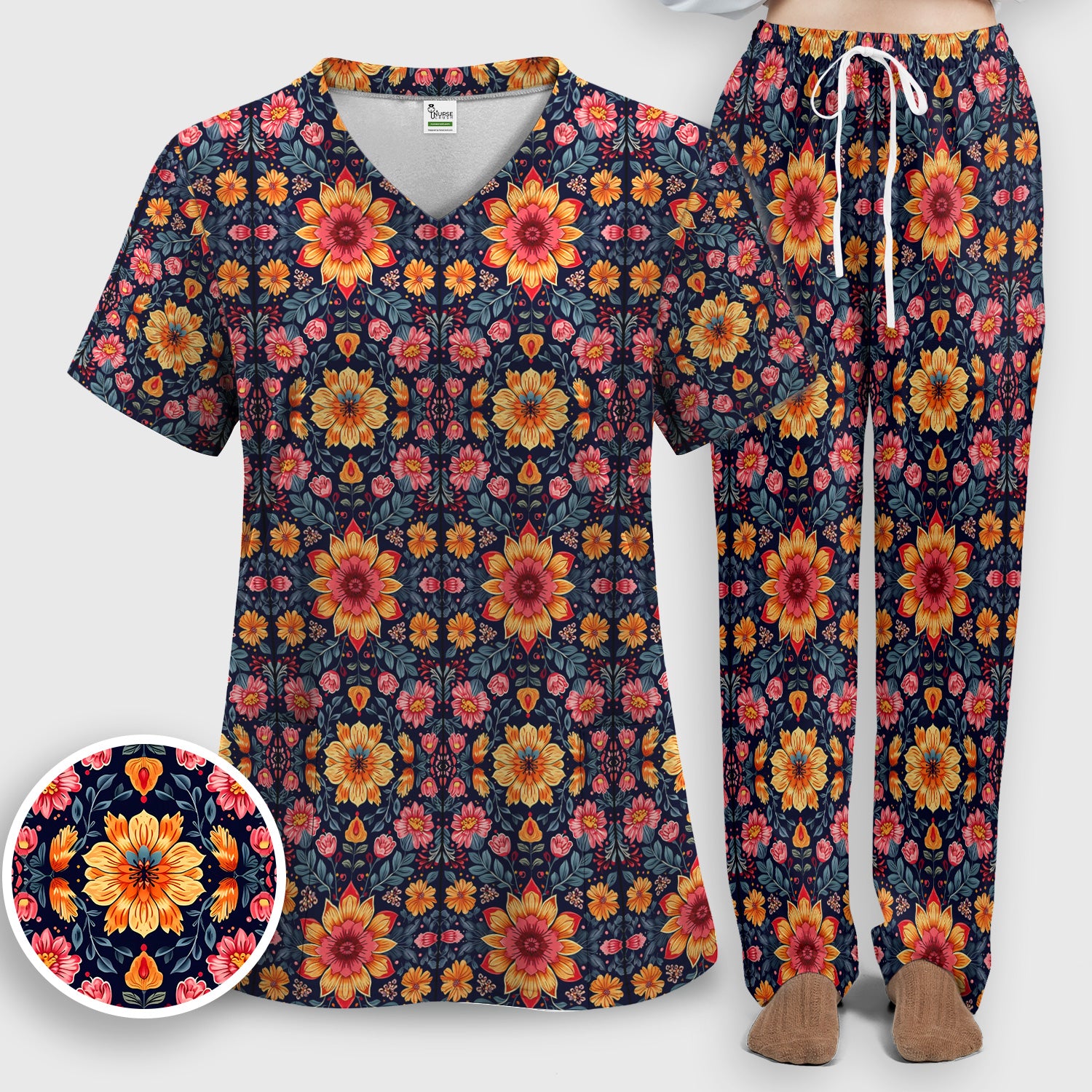 Elegant Dark Floral Pattern Scrub Set, Scrub Pants and V Neck Top