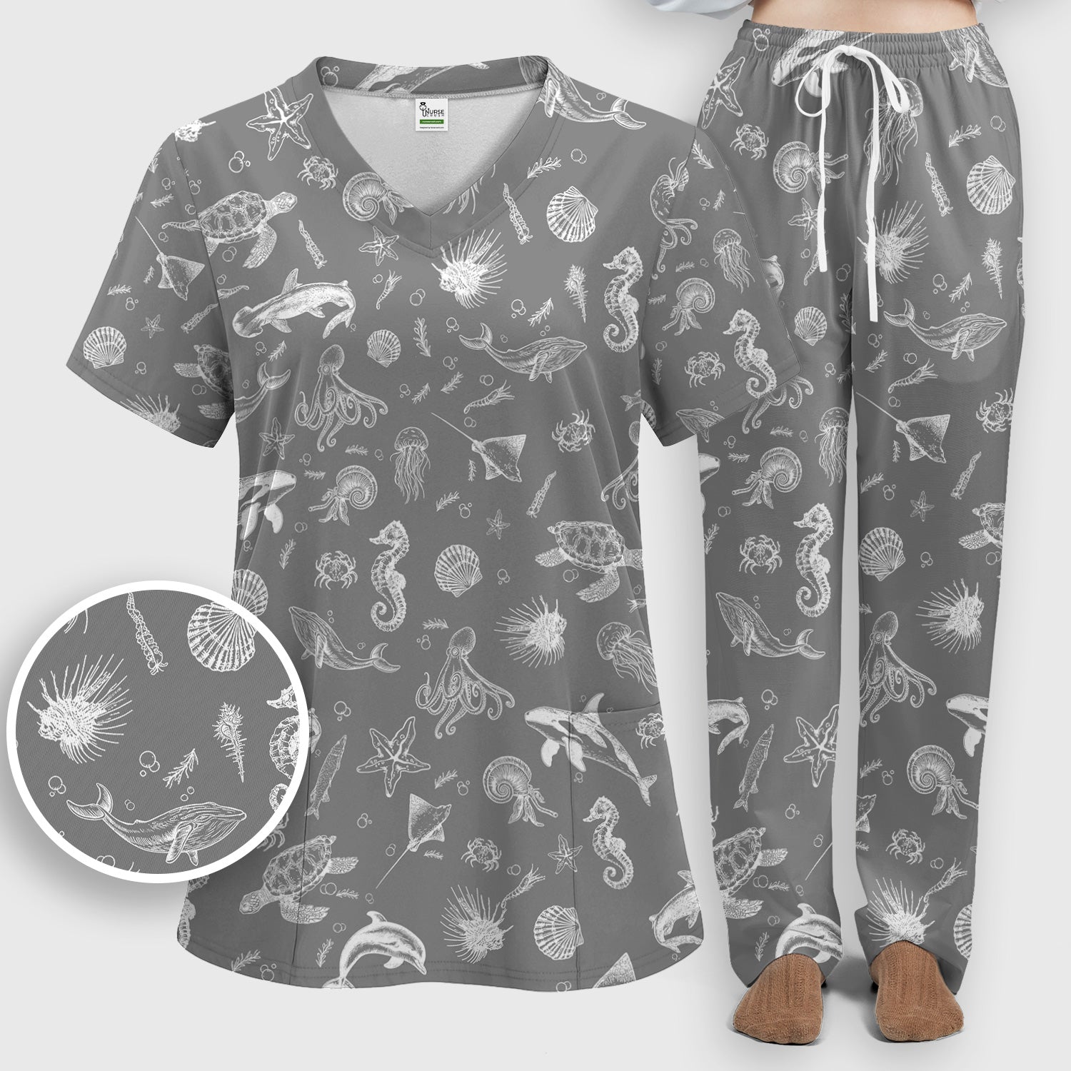Marine Sea Life Pattern Scrub Set, Women's Scrub Sets