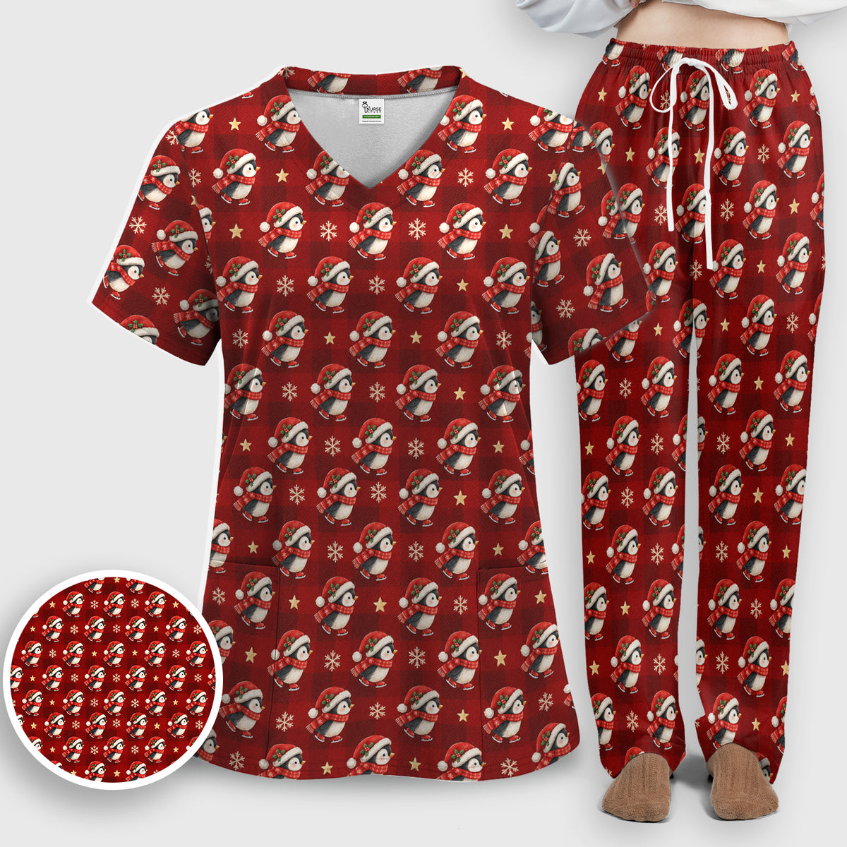 Cute Christmas Ice Skating Penguin Scrub Set, Scrub Pants and V Neck Top
