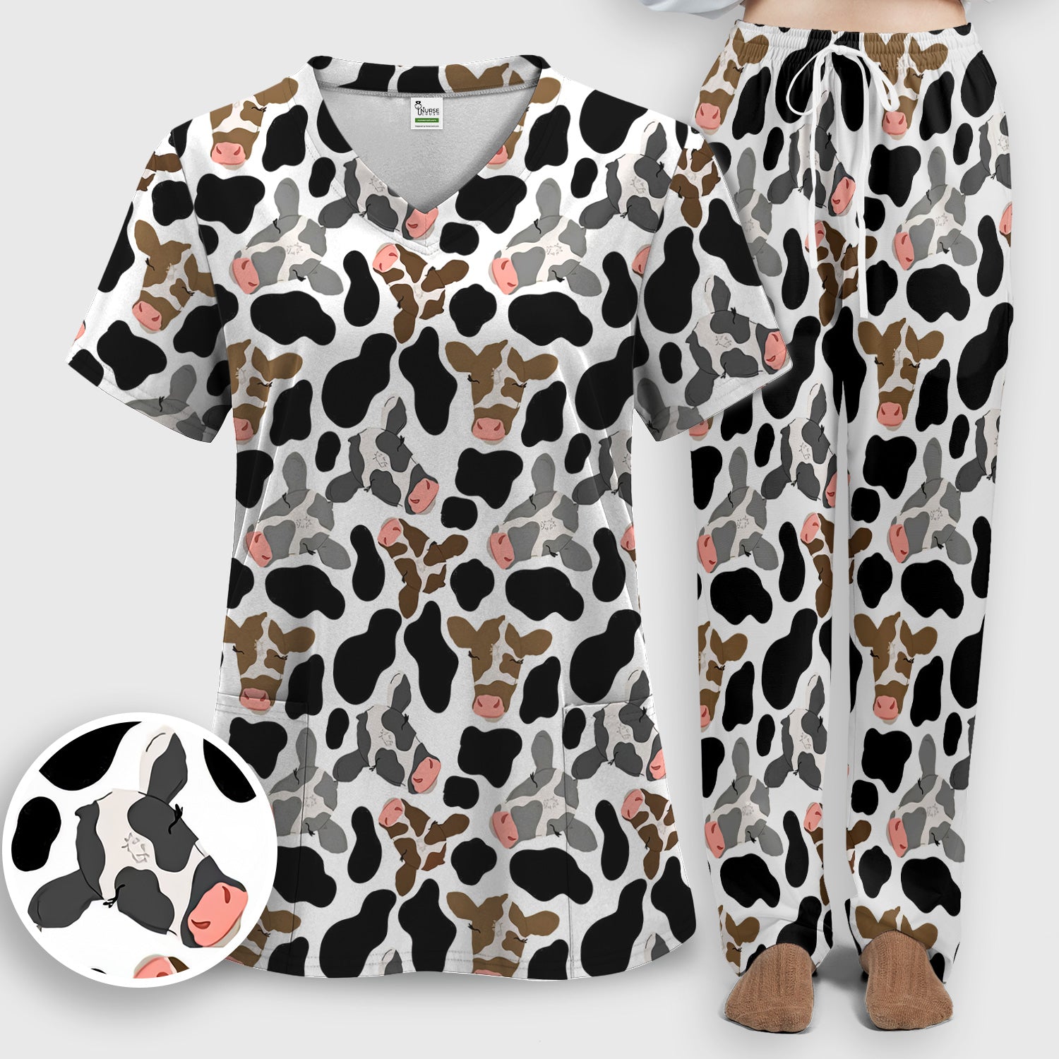 Cute Cow Face Black White Pattern Nurse Scrub Set, Scrub Pants and V Neck Top