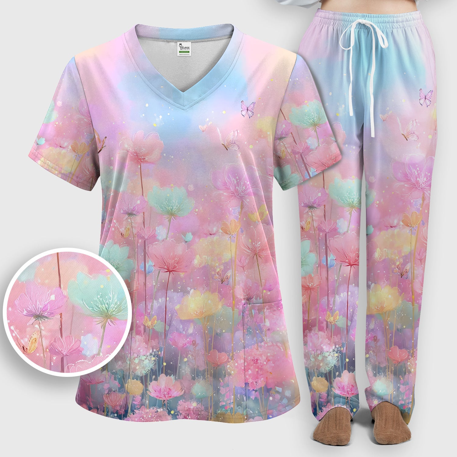 Dreamy Pastel Watercolor Floral Garden Scrub Set, Scrub Pants and V Neck Top