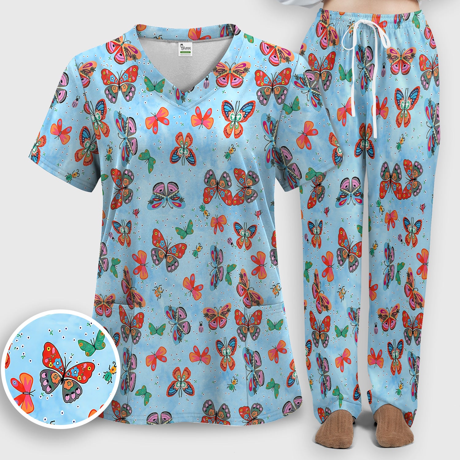 Colorful Butterfly Garden Pattern Scrub Set, Scrub Pants and V Neck Top