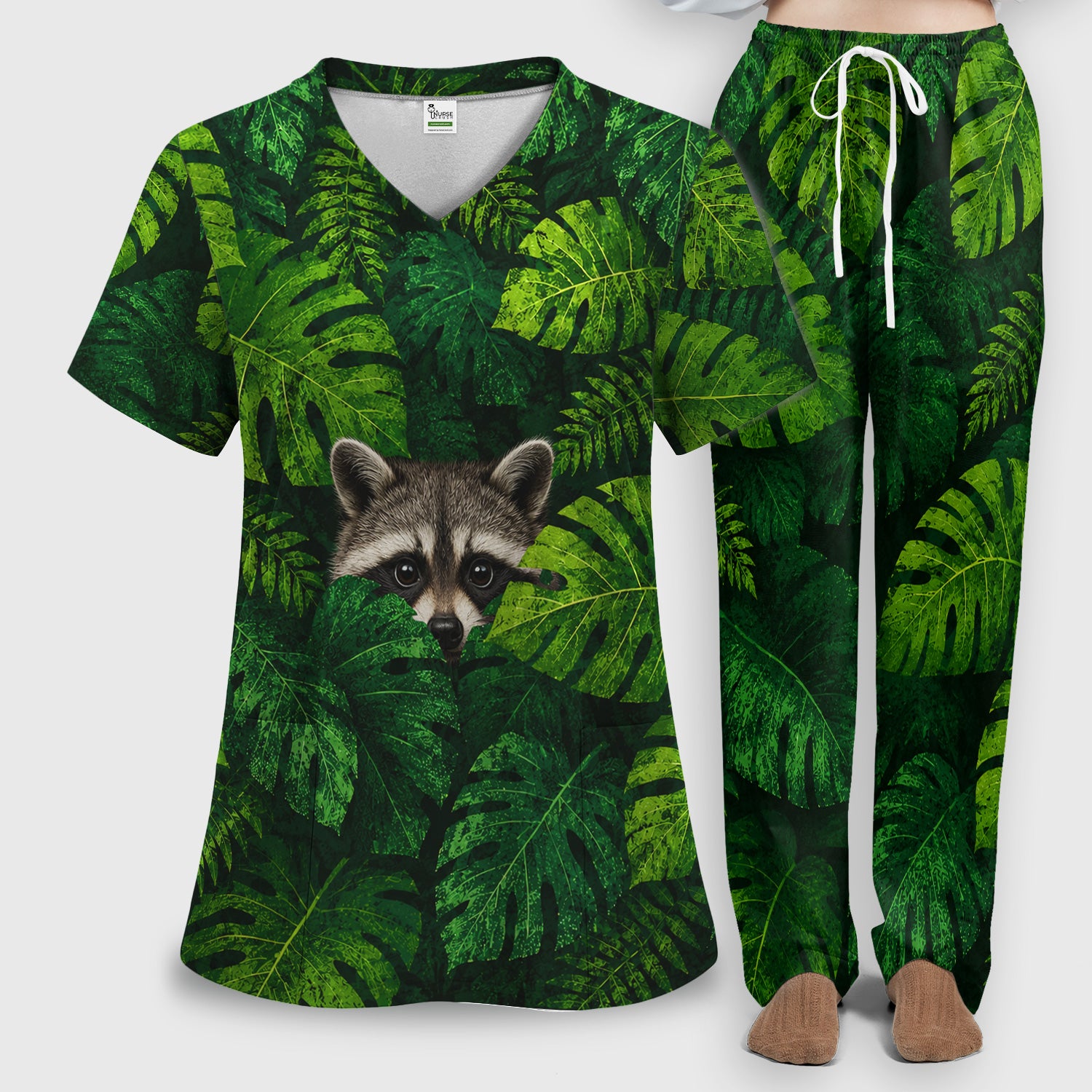 Cute Raccoon Tropical Leaf Pattern Scrub Set, Scrub Pants and V Neck Top