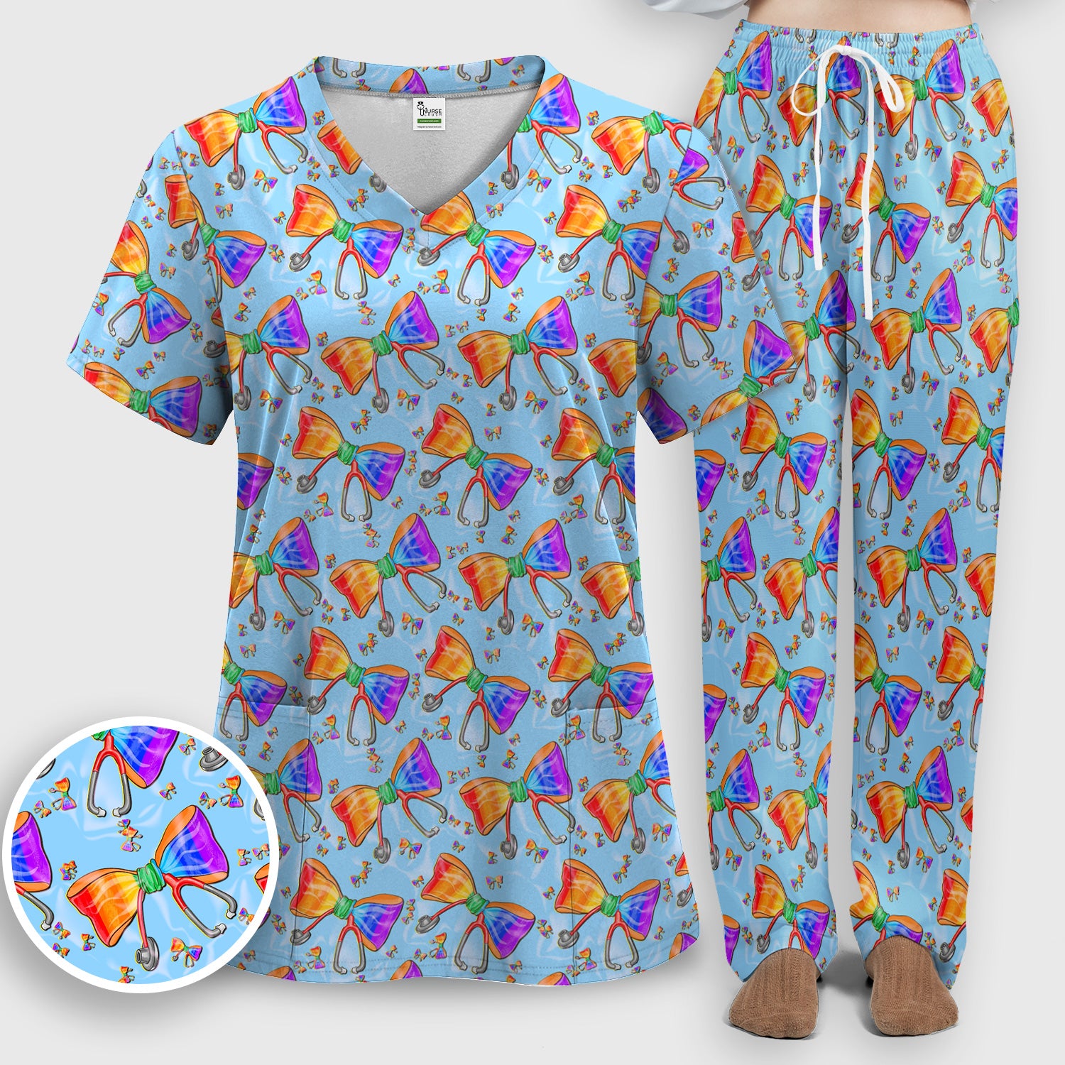 Colorful Rainbow Bow Stethoscope Pattern Scrub Top, Breathable Fabrics Nursing Uniform