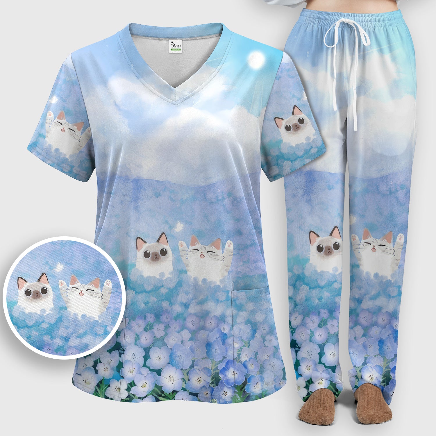 Dreamy Cat Cloud Hydrangea Sky Pattern Scrub Set, Scrub Pants and V Neck Top