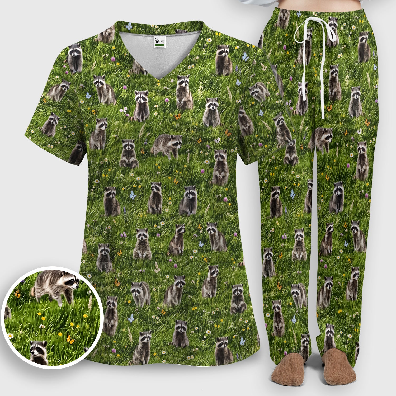 Raccoon Meadow Print Scrub Set, Scrub Pants and V Neck Top