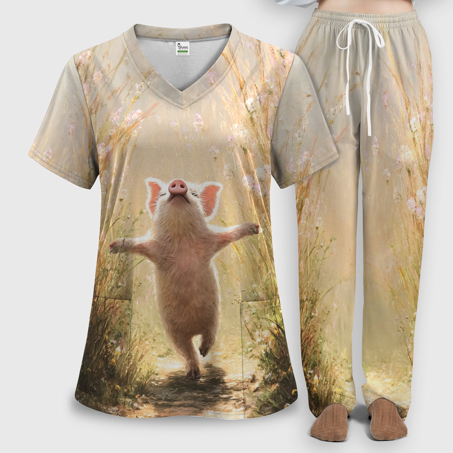 Happy Pig Running Meadow Pattern Nurse Scrub Set, Scrub Pants and V Neck Top