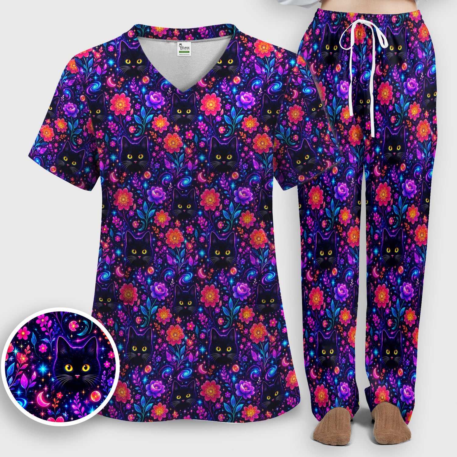 Galaxy Black Cat Floral Pattern Scrub Set, Scrub Pants and V Neck Top