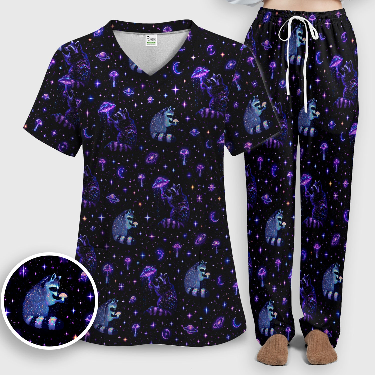 Cute Raccoon Mushroom Galaxy Pattern Scrub Set, Scrub Pants and V Neck Top