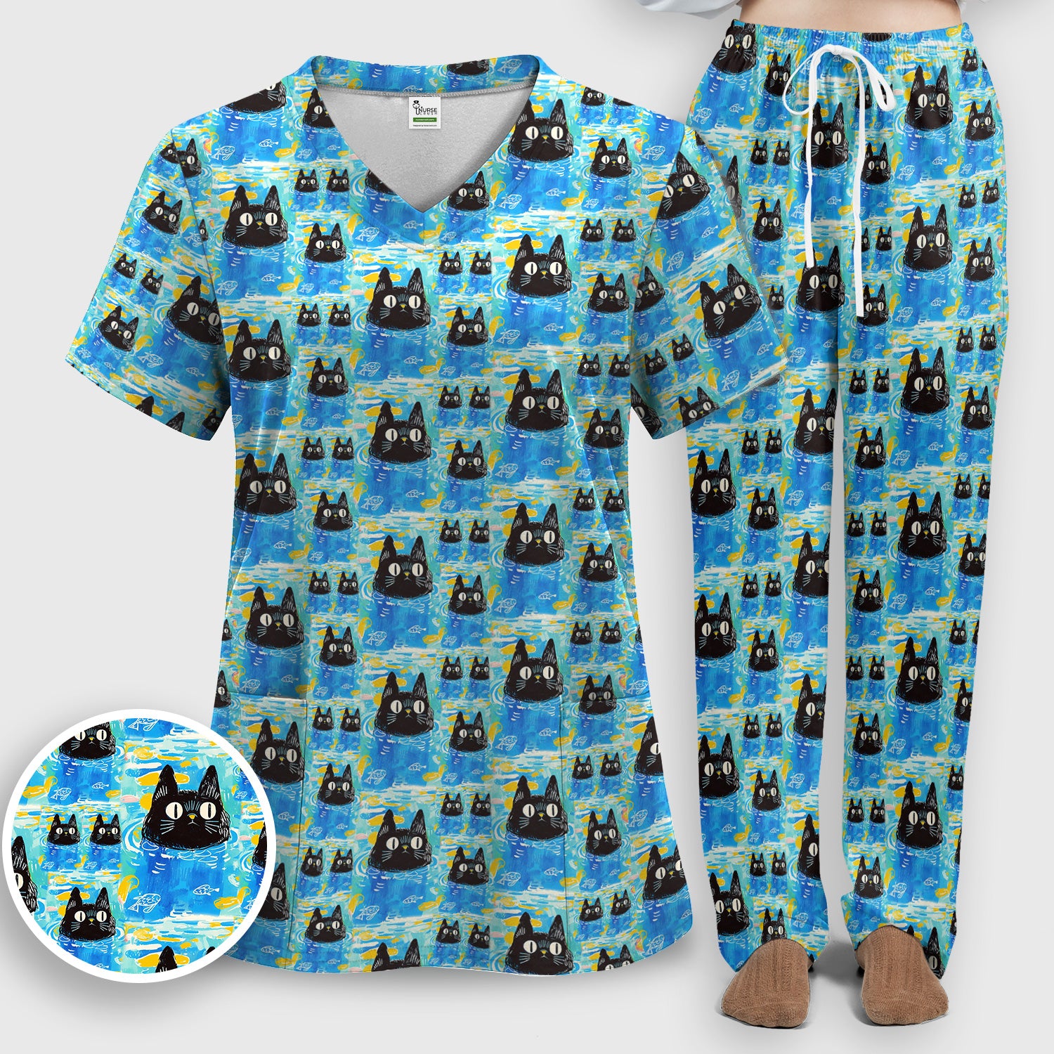 Black Cat Swimming In Blue Water Pattern Scrub Set, Scrub Pants and V Neck Top
