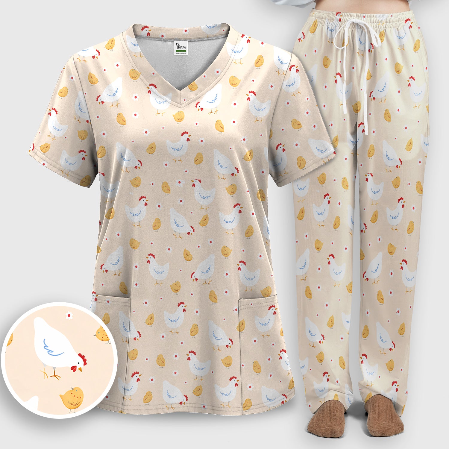 Chicken And Cute Chicks Pattern Scrubs Sets, Scrub Pants and V Neck Top