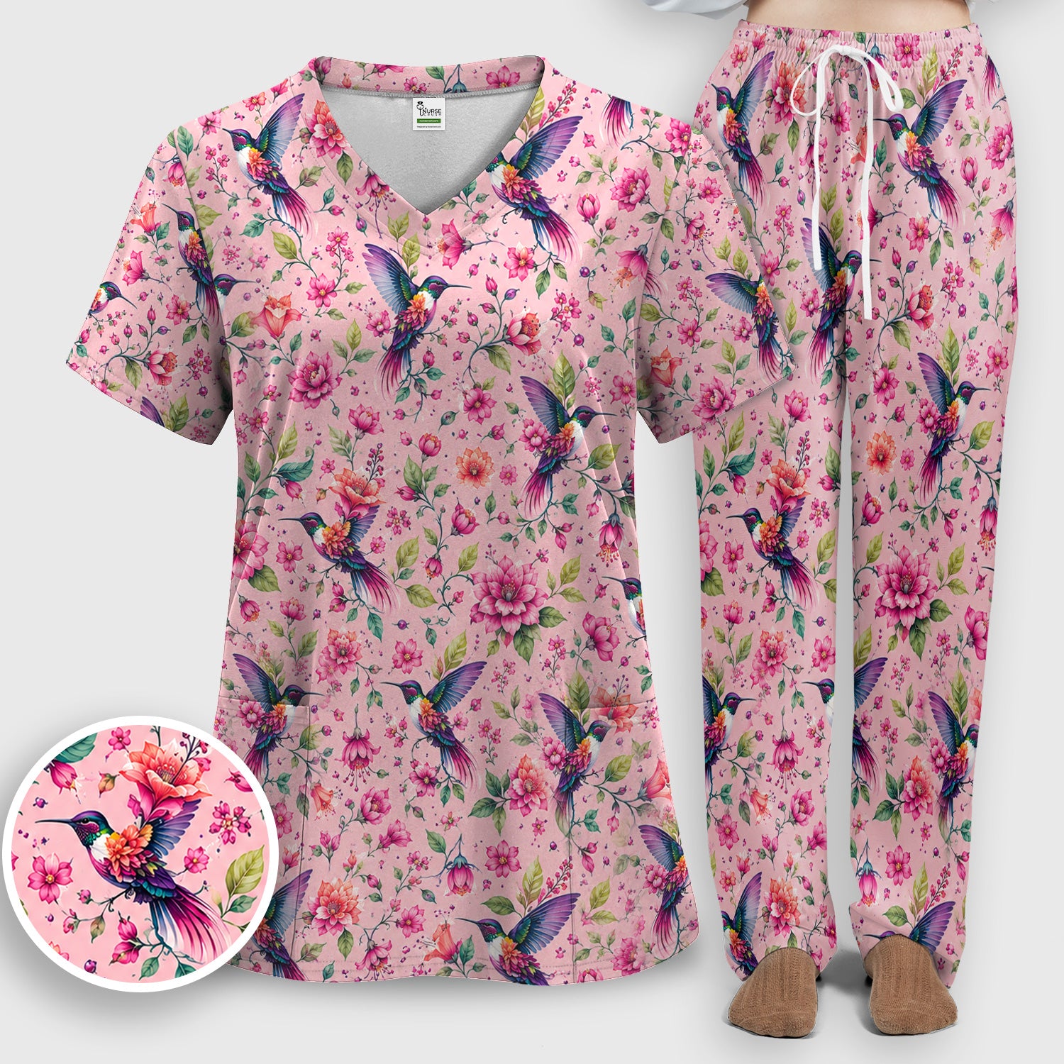 Pink Hummingbird Floral Garden Pattern Scrub Set, Scrub Pants and V Neck Top