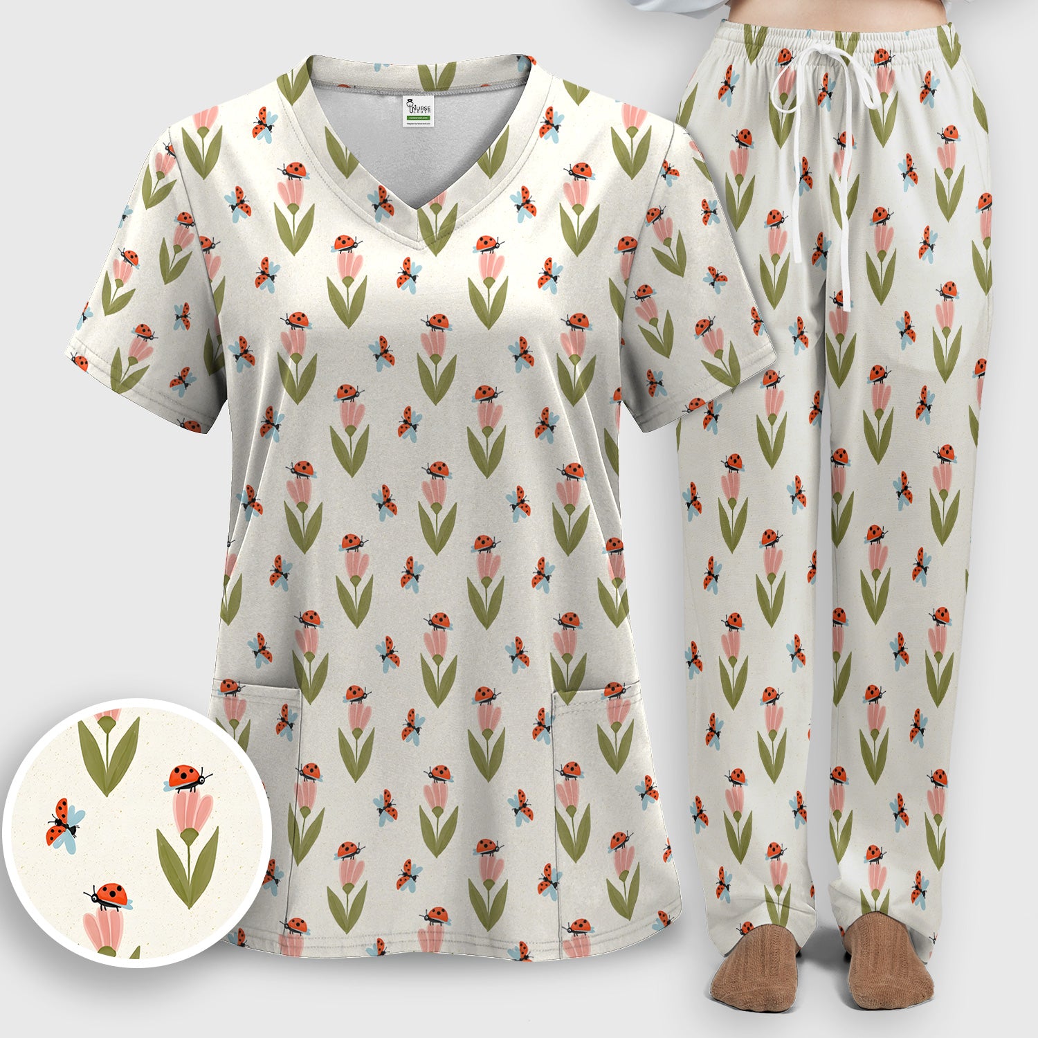 Cute Ladybug Tulip Floral Pattern Scrub Set, Scrub Pants and V Neck Top
