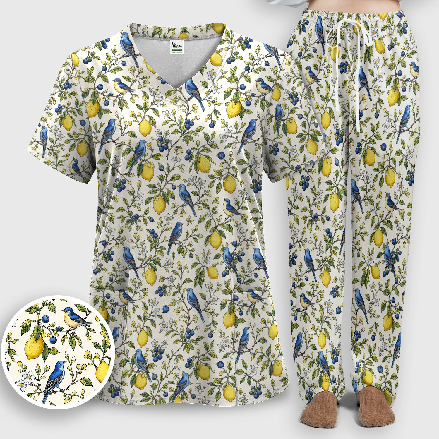 Bluebird Lemon Blossom Pattern Scrub Set, Scrub Pants and V Neck Top