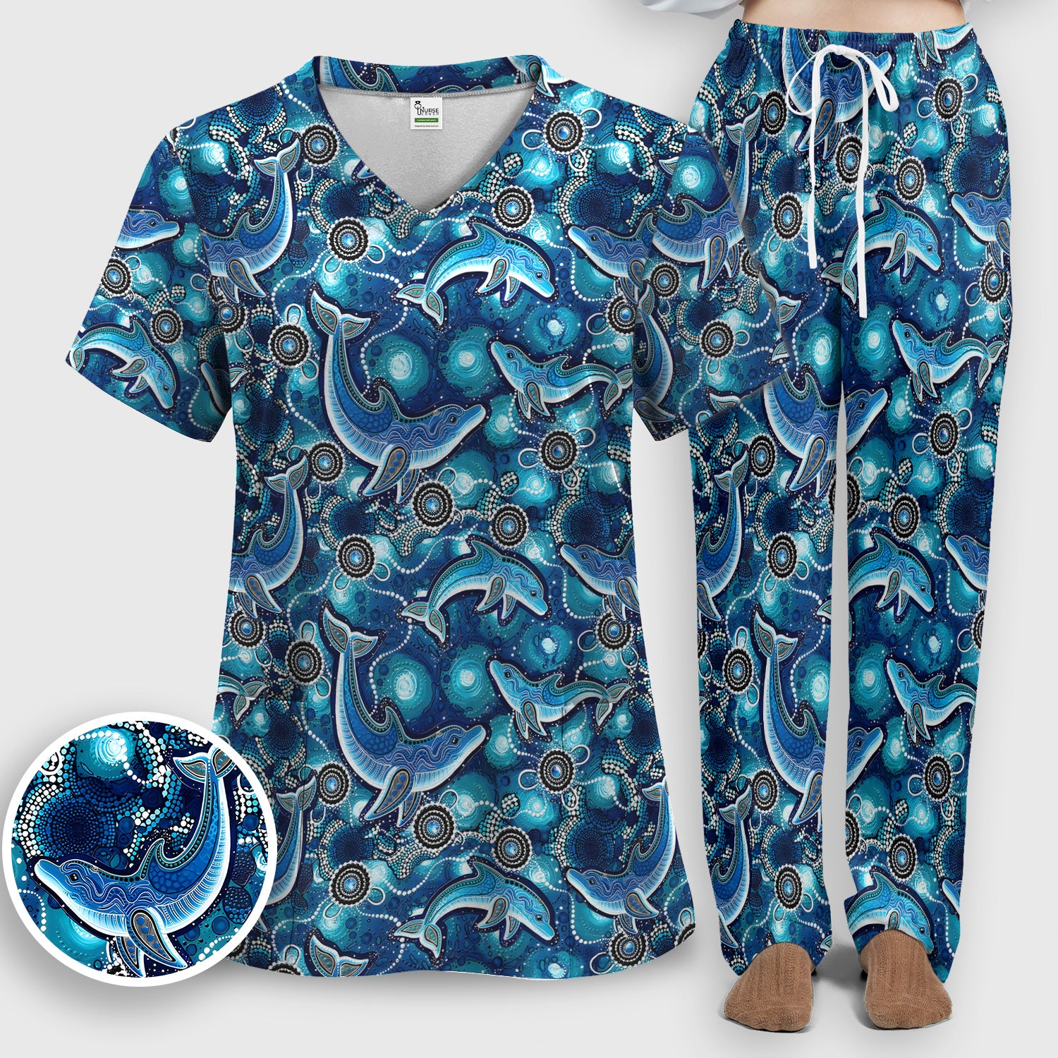 Ocean Dolphin Aboriginal Dot Print Scrub Set, Scrub Pants and V Neck Top