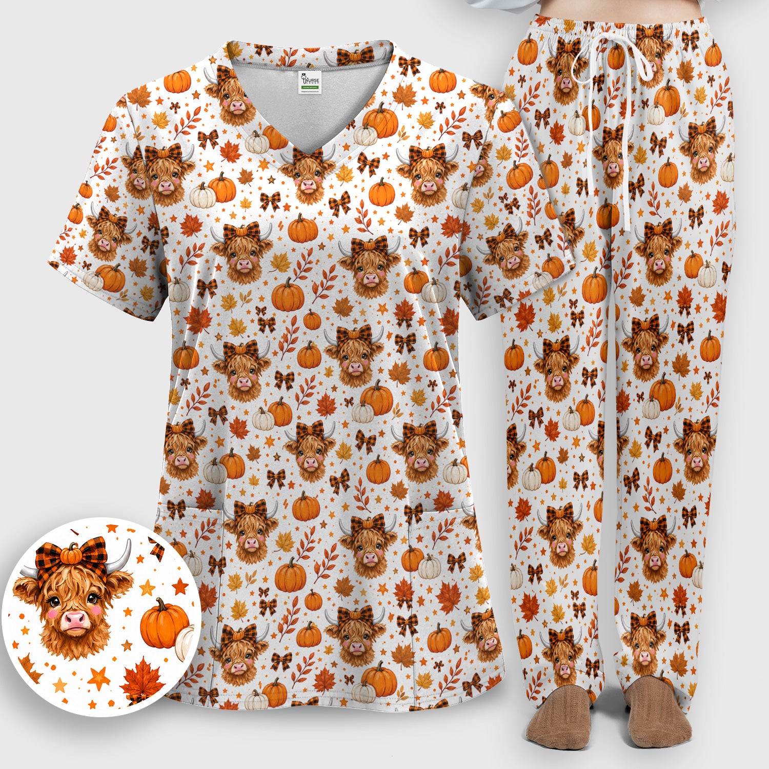 Cute Fall Highland Cow Scrub Set, Scrub Pants and V Neck Top