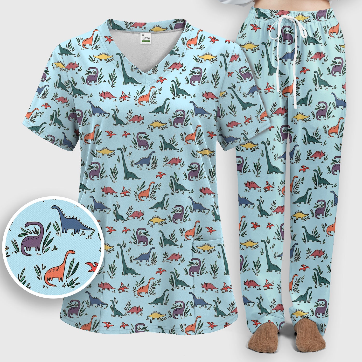 Cute Dinosaur Leafy Garden Pattern Scrub Set, Breathable Fabrics Nursing Uniform