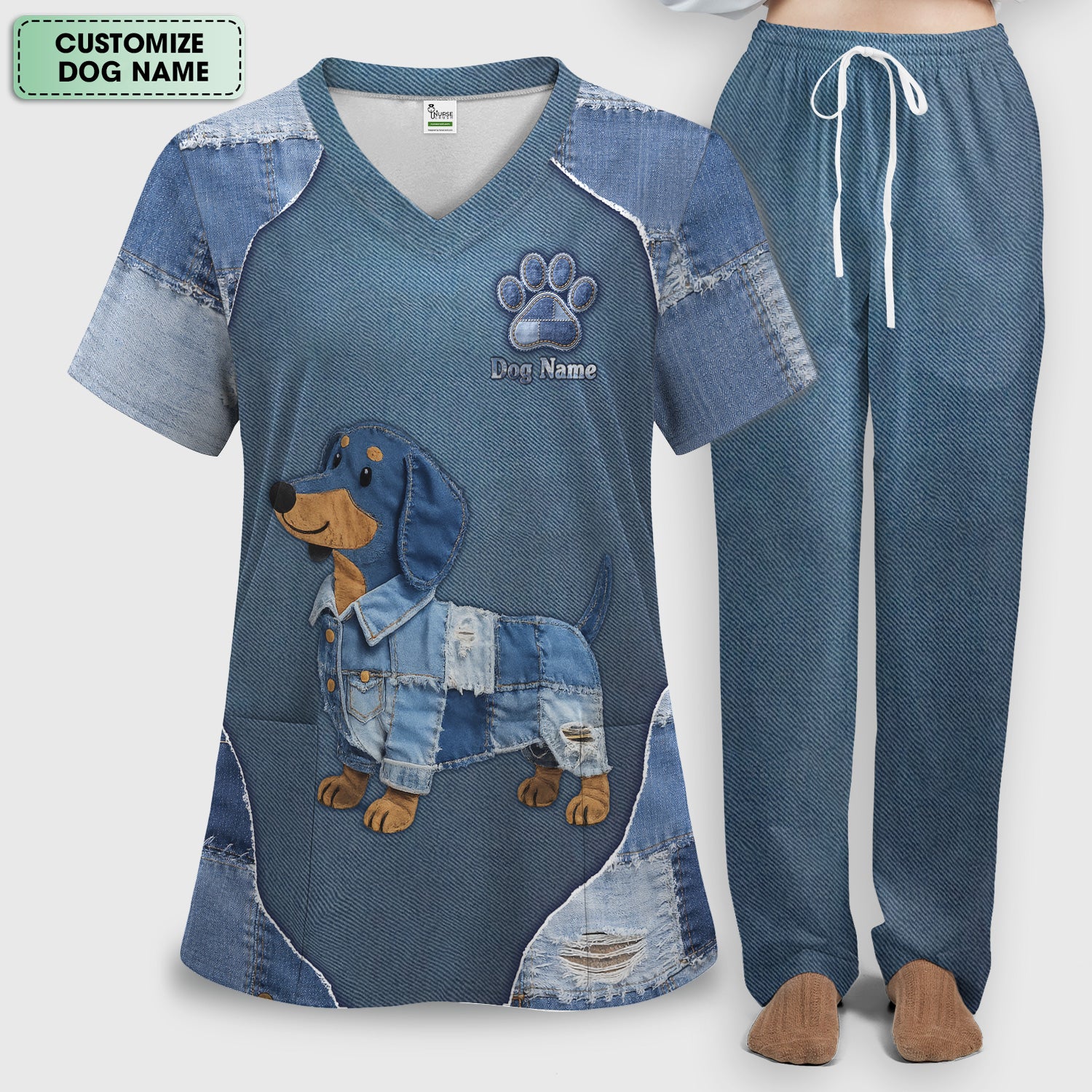 Custom Dog Name Denim Dachshund Print Scrub Set, Scrub Pants and V Neck Top