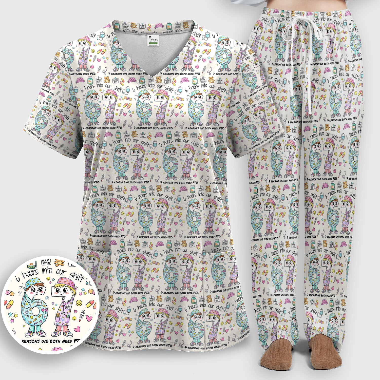 Cartoon Characters Six Hours Into Shift With Medical Doodle Scrub Set, Breathable Med Uniform