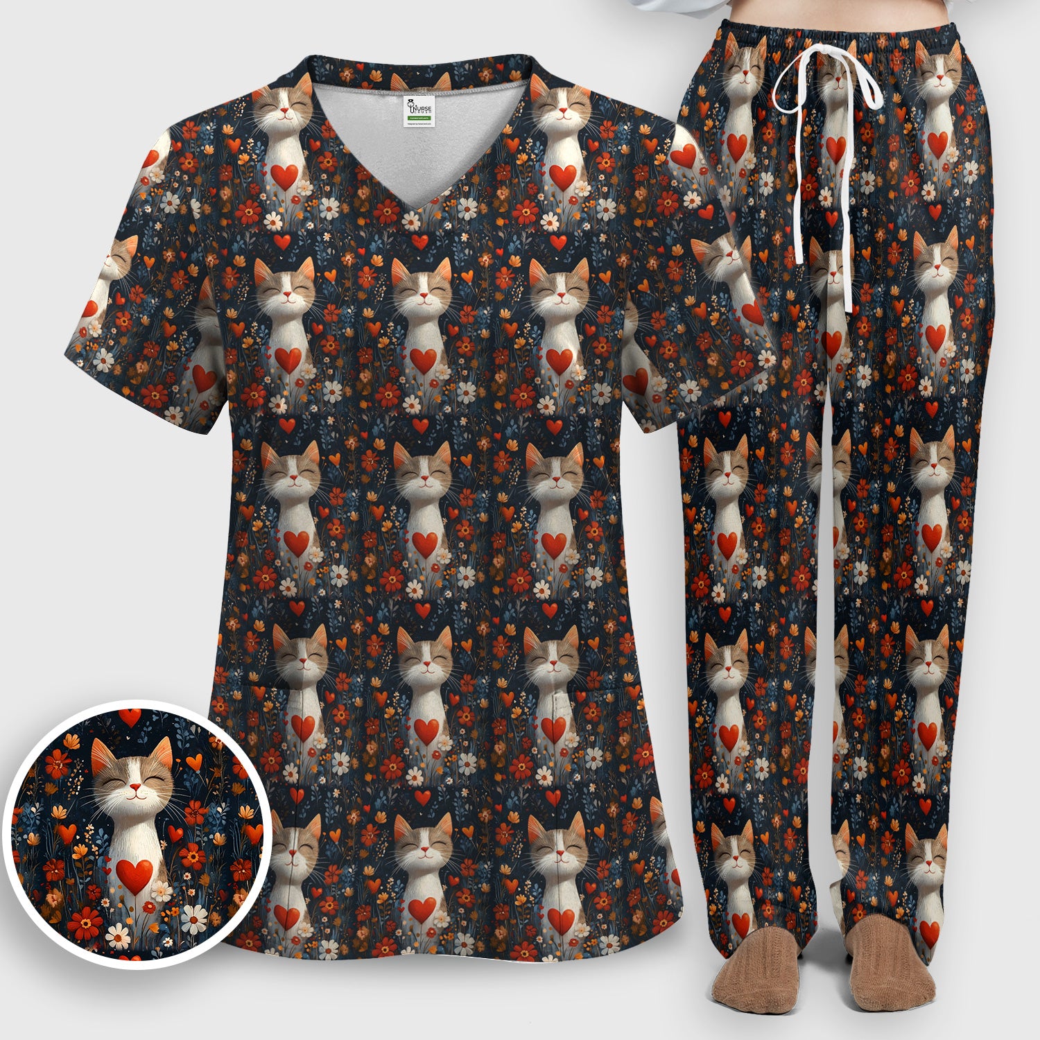 Cat Heart Floral Garden Pattern Scrub Set, Scrub Pants and V Neck Top