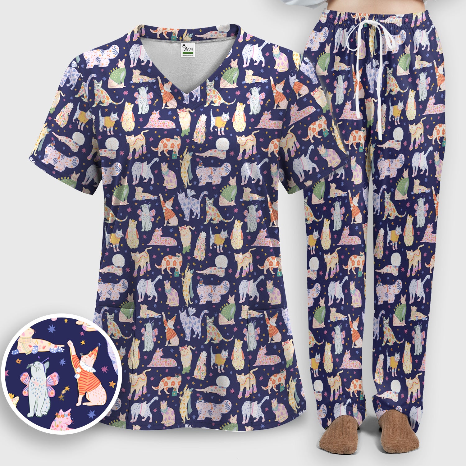 Cute Colorful Cats Pattern Scrub Set, Scrub Pants and V Neck Top