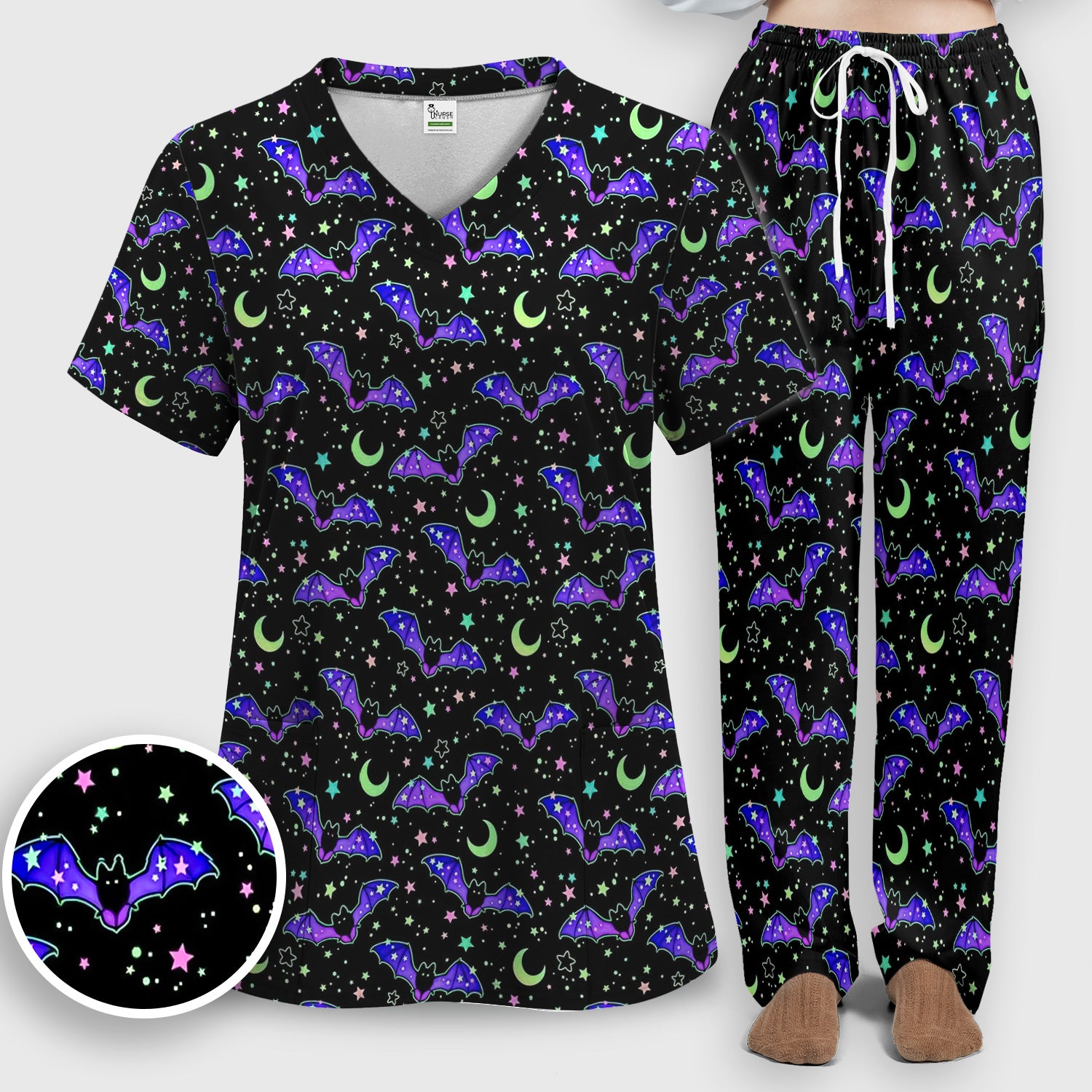 Spooky Halloween Celestial Bat Scrub Set, Scrub Pants and V Neck Top