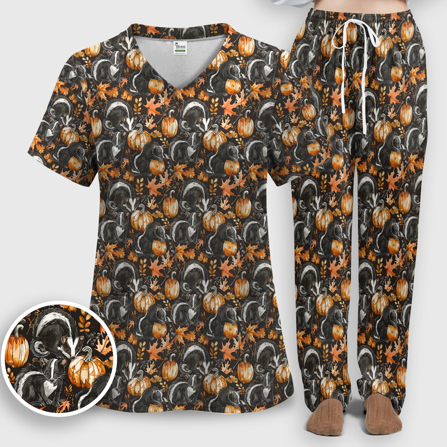 Skunk Pumpkin with Autumn Leaves Pattern Scrub Set, Scrub Pants and V Neck Top