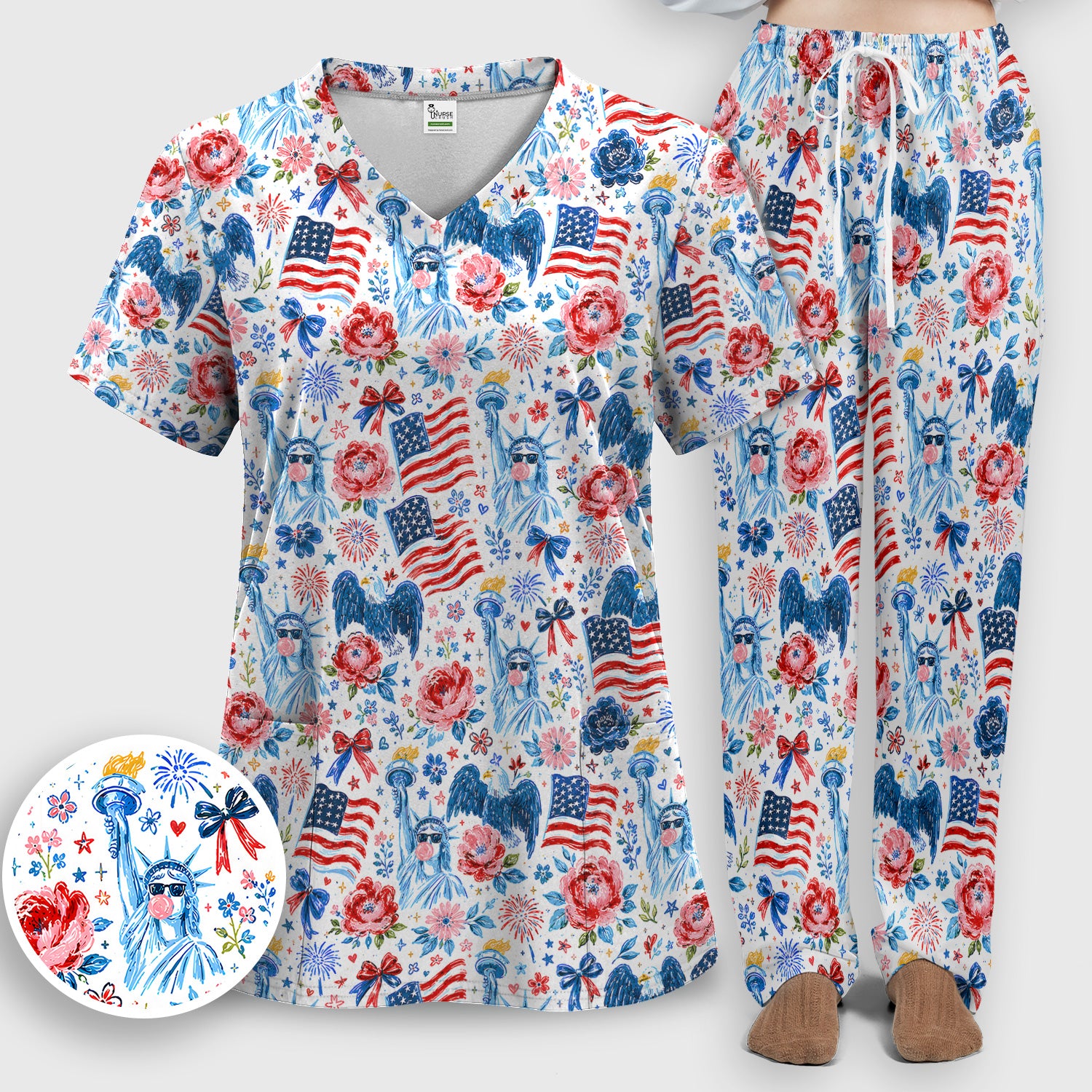 Patriotic Liberty Nurse Pattern Scrub Set, Scrub Pants and V Neck Top