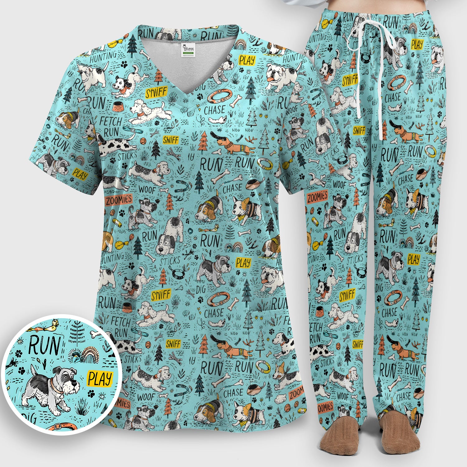 Playful Cartoon Puppy Adventure Pattern Scrub Set, Scrub Pants and V Neck Top
