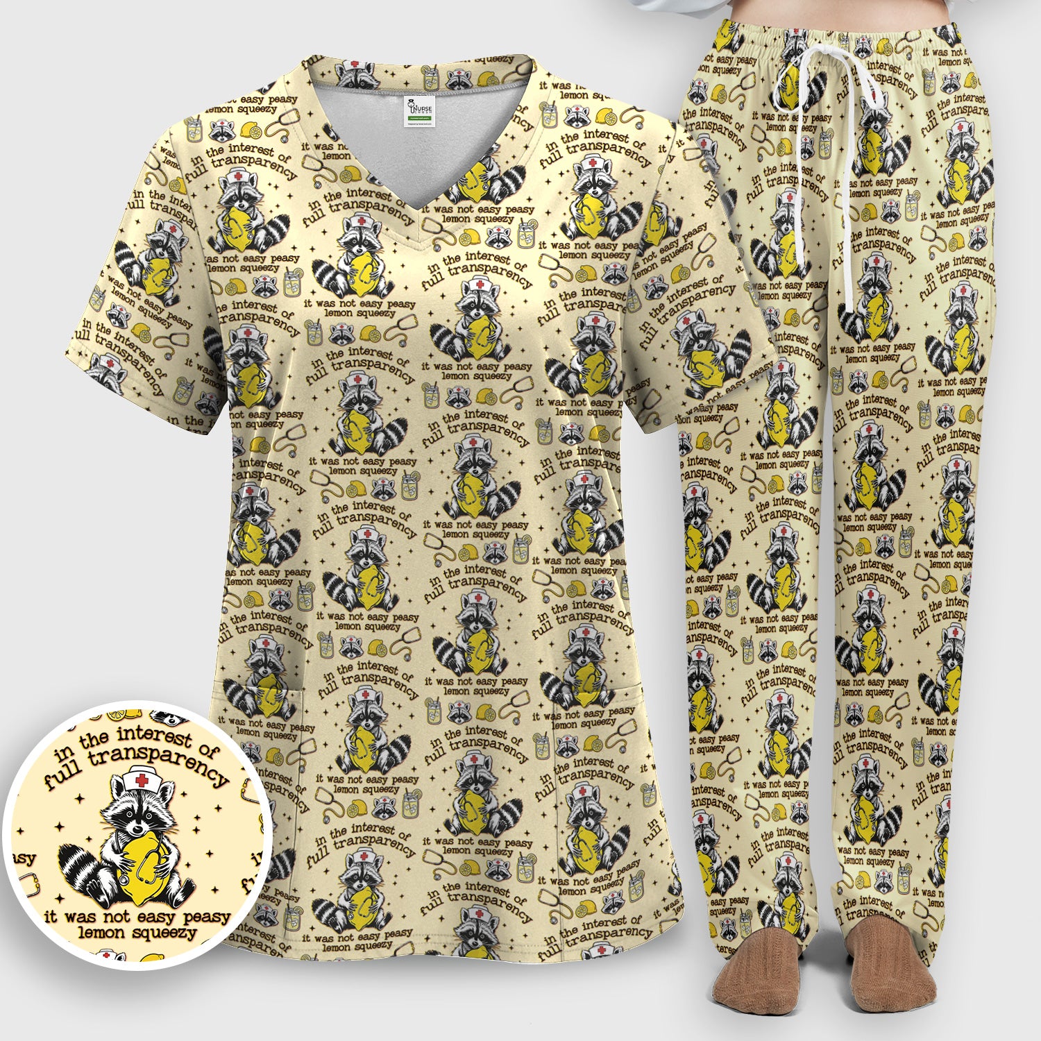 Raccoon Lemon Quote Medical Humor Pattern Scrub Set, Breathable Med Uniform
