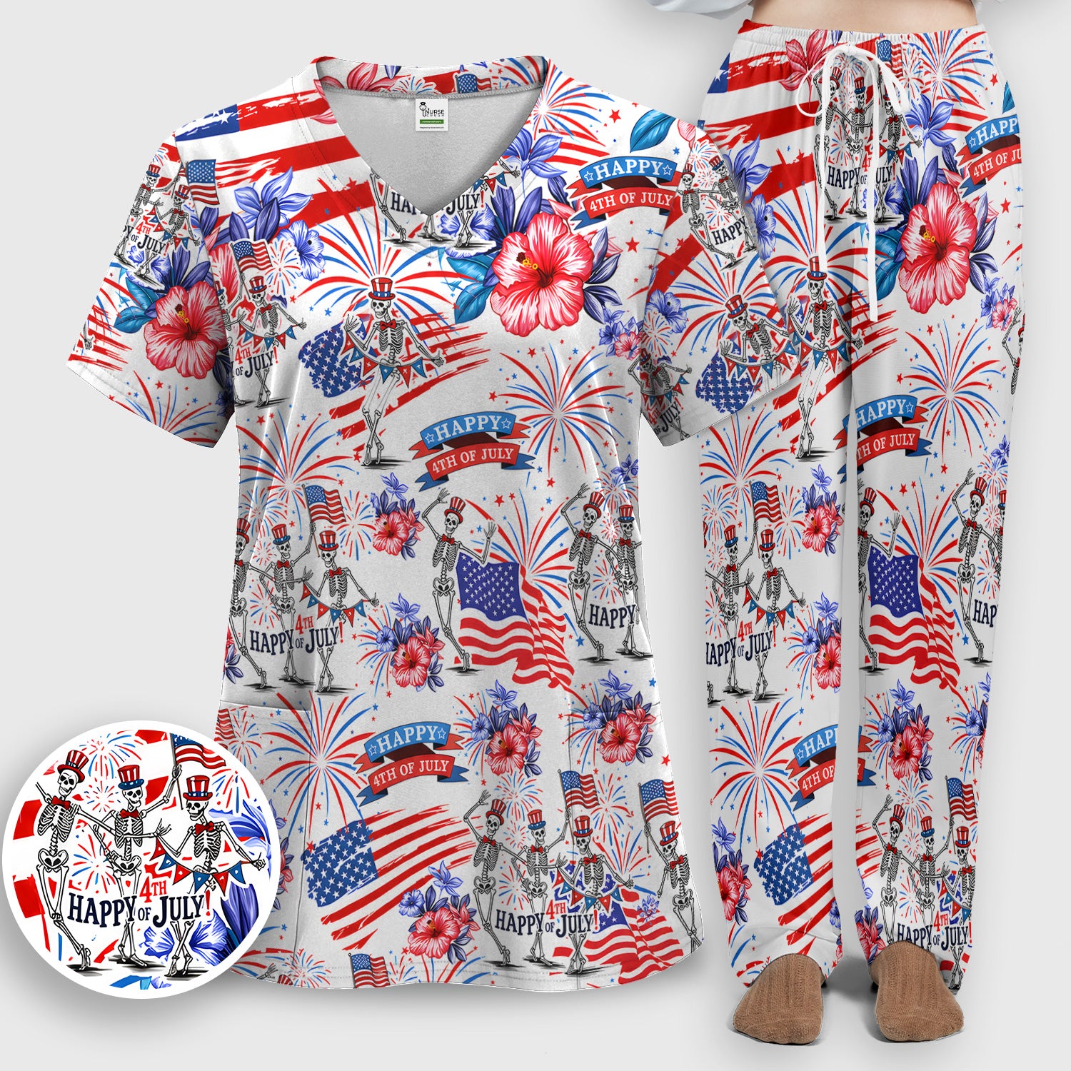 Funny 4th Of July Skeleton Nurse for RN & CNA, Patriotic Fireworks Medical Uniform Scrub Set, Scrub Pants and V Neck Top