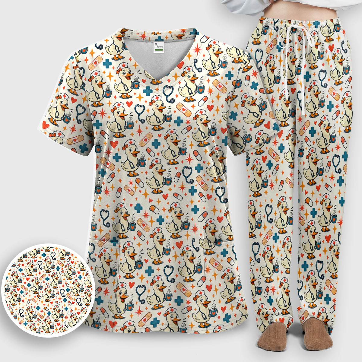 Cute Nurse Duck With Coffee Scrub Set, Scrub Pants and V Neck Top