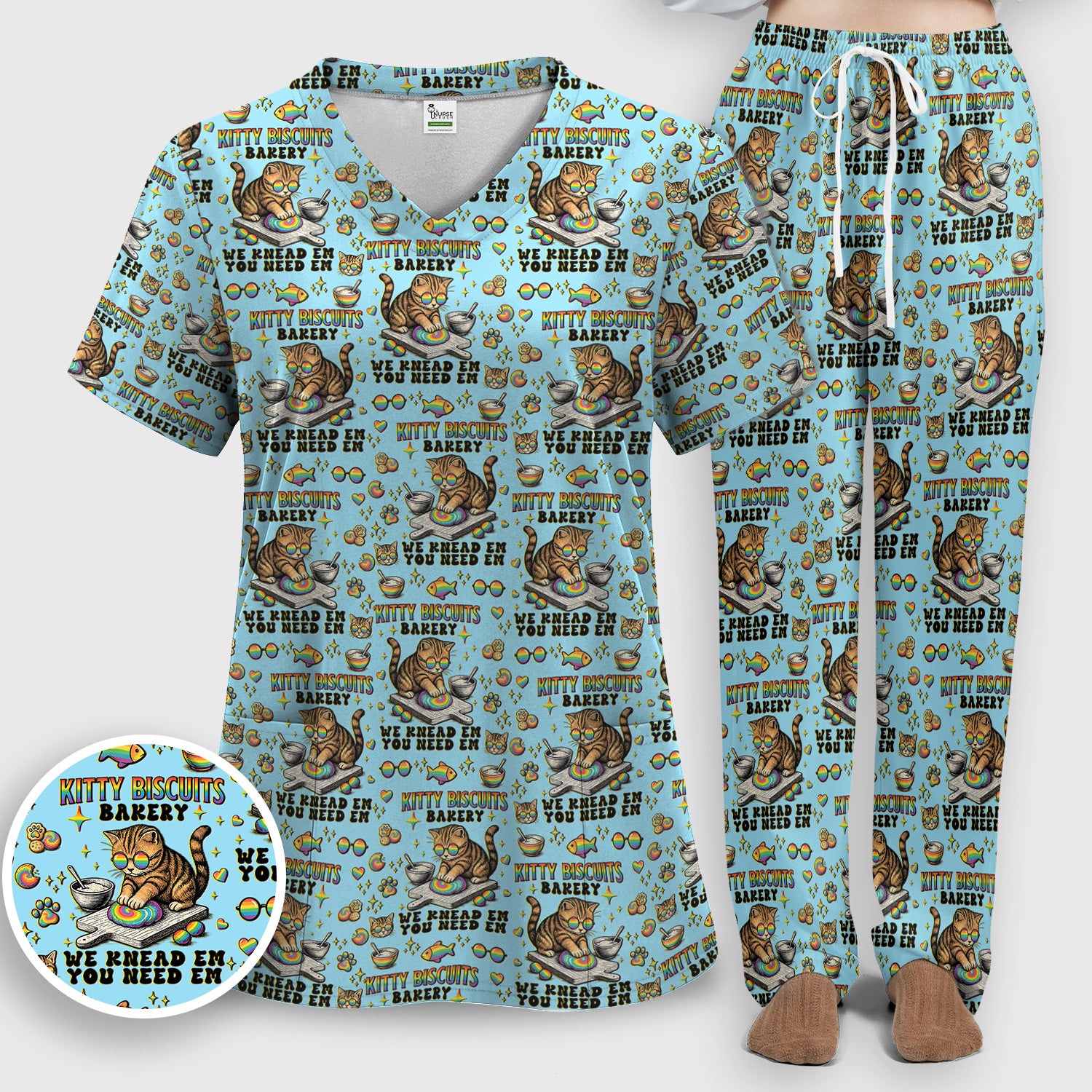 Pride Nurse Cat Baking Rainbow Dough Pattern Scrub Set, Women's Scrub Sets