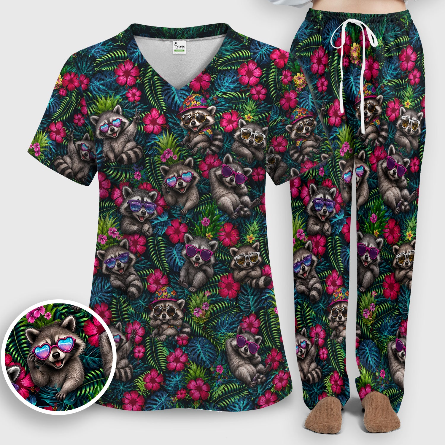 Tropical Raccoon Nurse Floral Pattern Scrub Set, Scrub Pants and V Neck Top