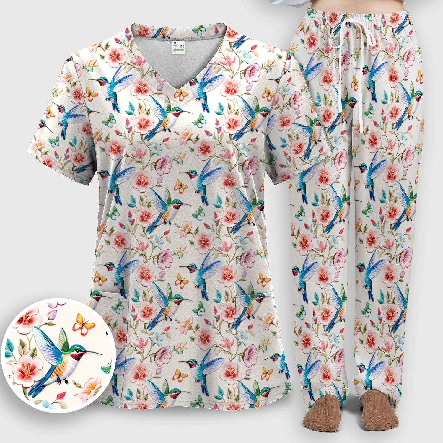 Hummingbird Blossom Butterfly Pattern Scrub Set, Scrub Pants and V Neck Top